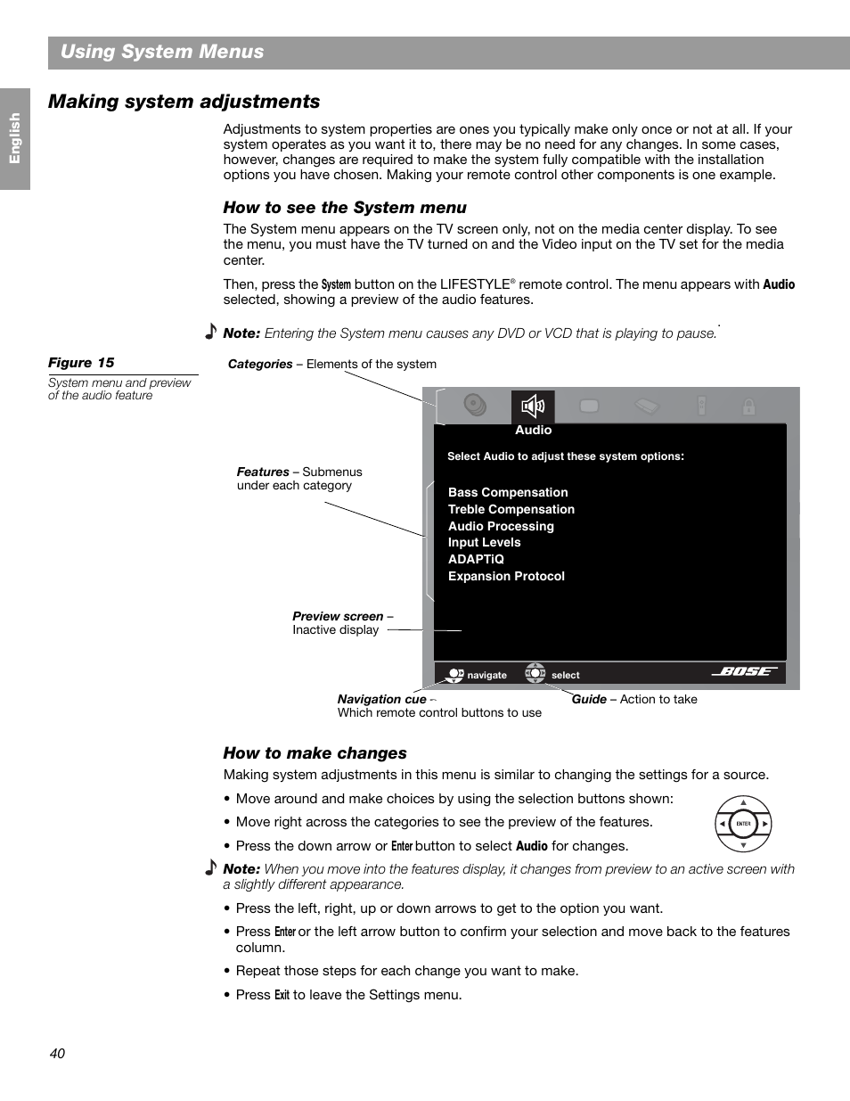 Using system menus making system adjustments | Bose LIFESTYLE 38 User Manual | Page 40 / 184