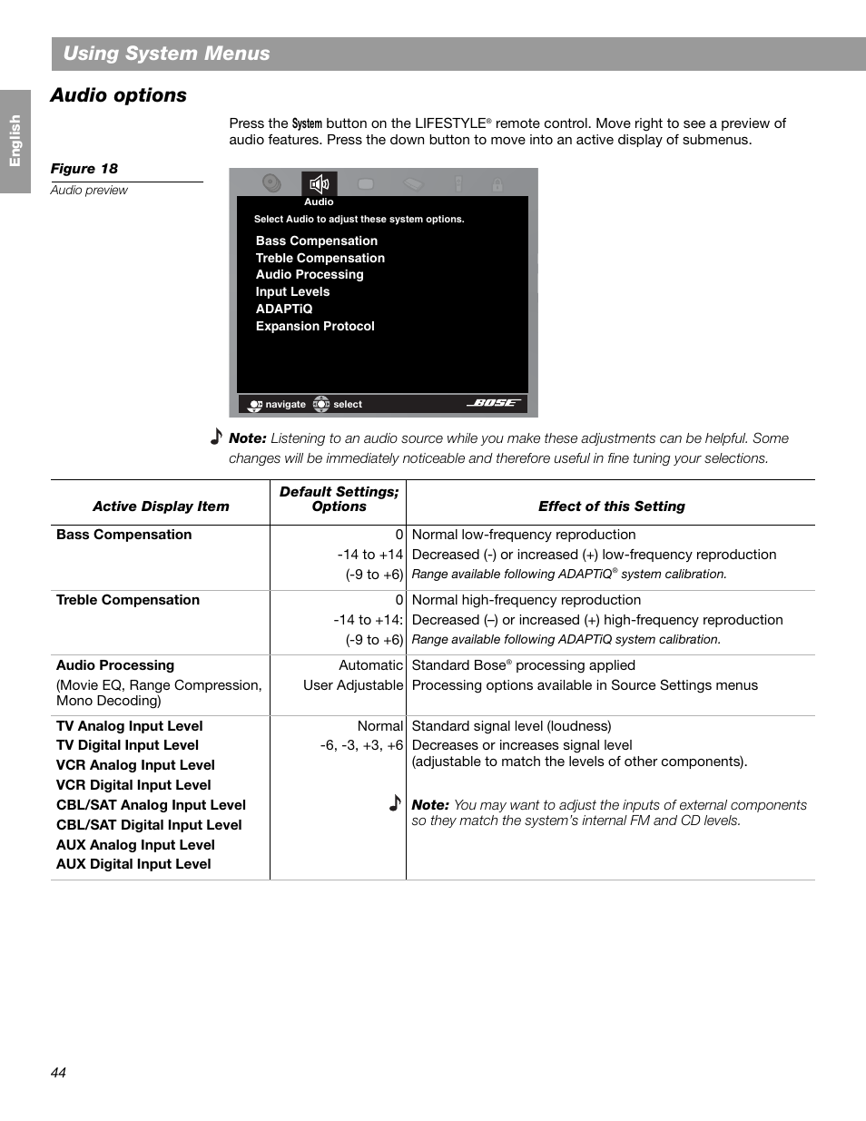 Using system menus, Audio options | Bose LIFESTYLE 38 User Manual | Page 44 / 184