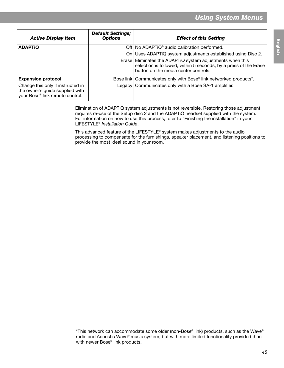 Using system menus | Bose LIFESTYLE 38 User Manual | Page 45 / 184