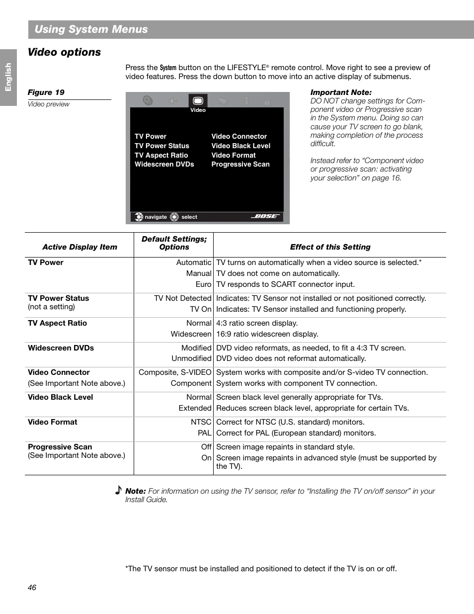 Using system menus, Video options | Bose LIFESTYLE 38 User Manual | Page 46 / 184