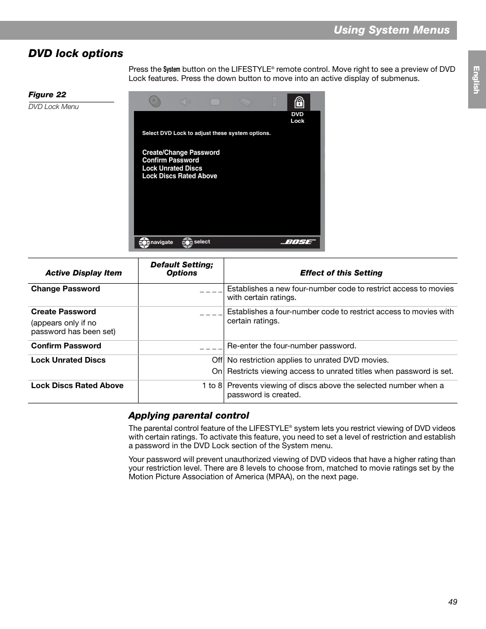 Using system menus, Dvd lock options, Applying parental control | Bose LIFESTYLE 38 User Manual | Page 49 / 184