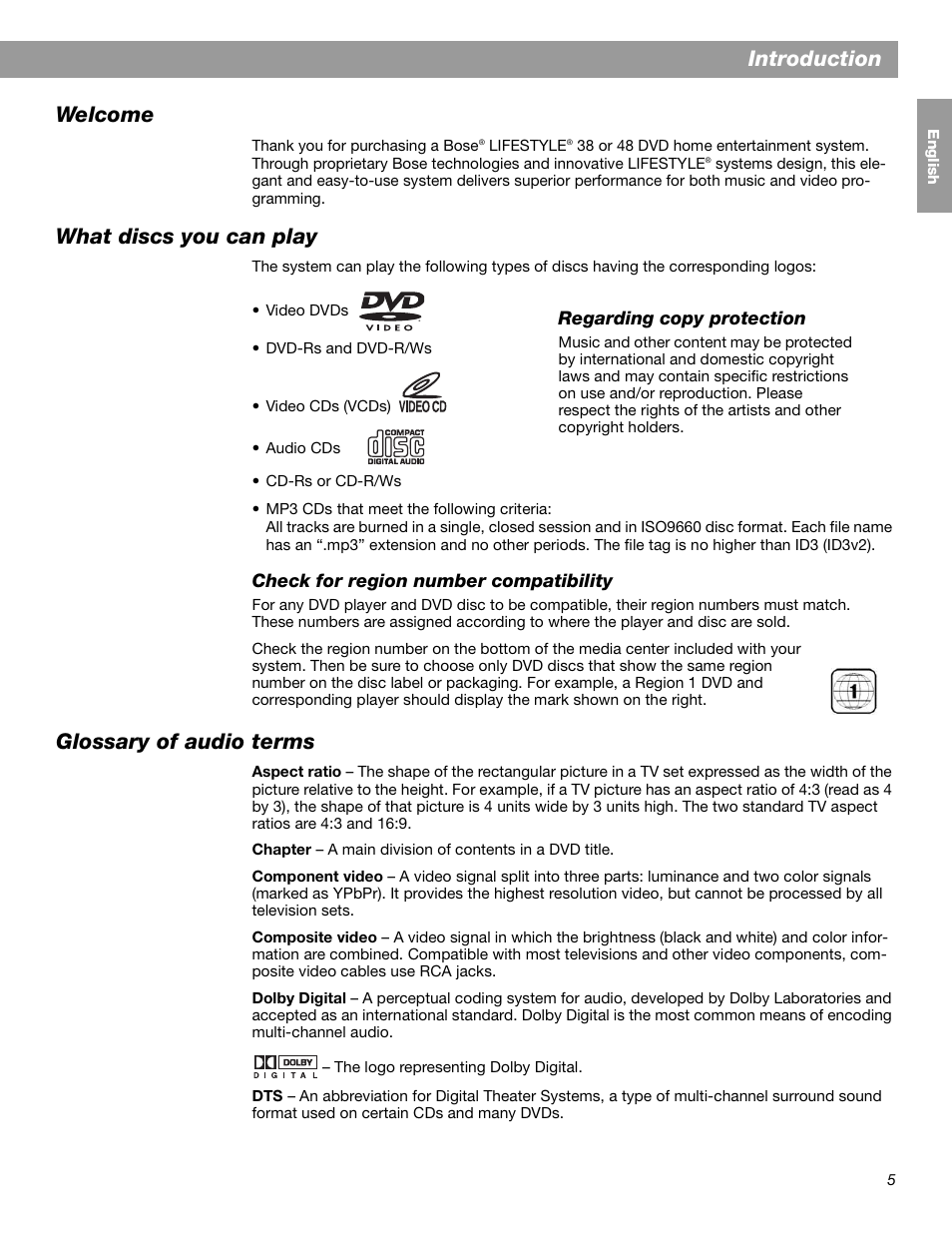 Introduction welcome, What discs you can play, Glossary of audio terms | Bose LIFESTYLE 38 User Manual | Page 5 / 184