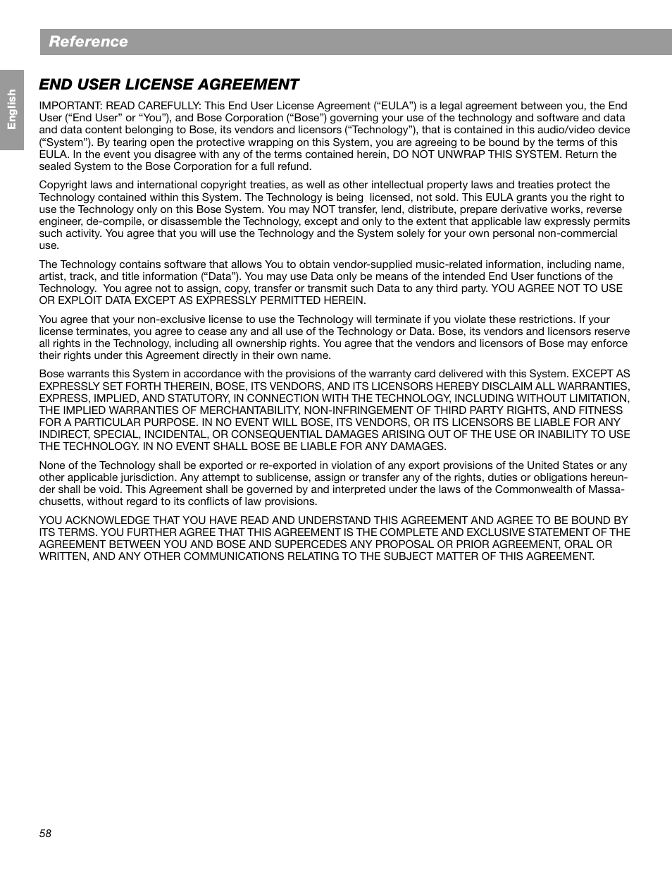 Reference, End user license agreement | Bose LIFESTYLE 38 User Manual | Page 58 / 184