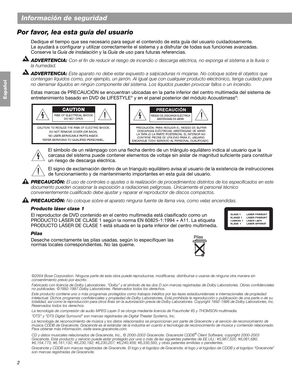 Información de seguridad, Por favor, lea esta guía del usuario | Bose LIFESTYLE 38 User Manual | Page 60 / 184