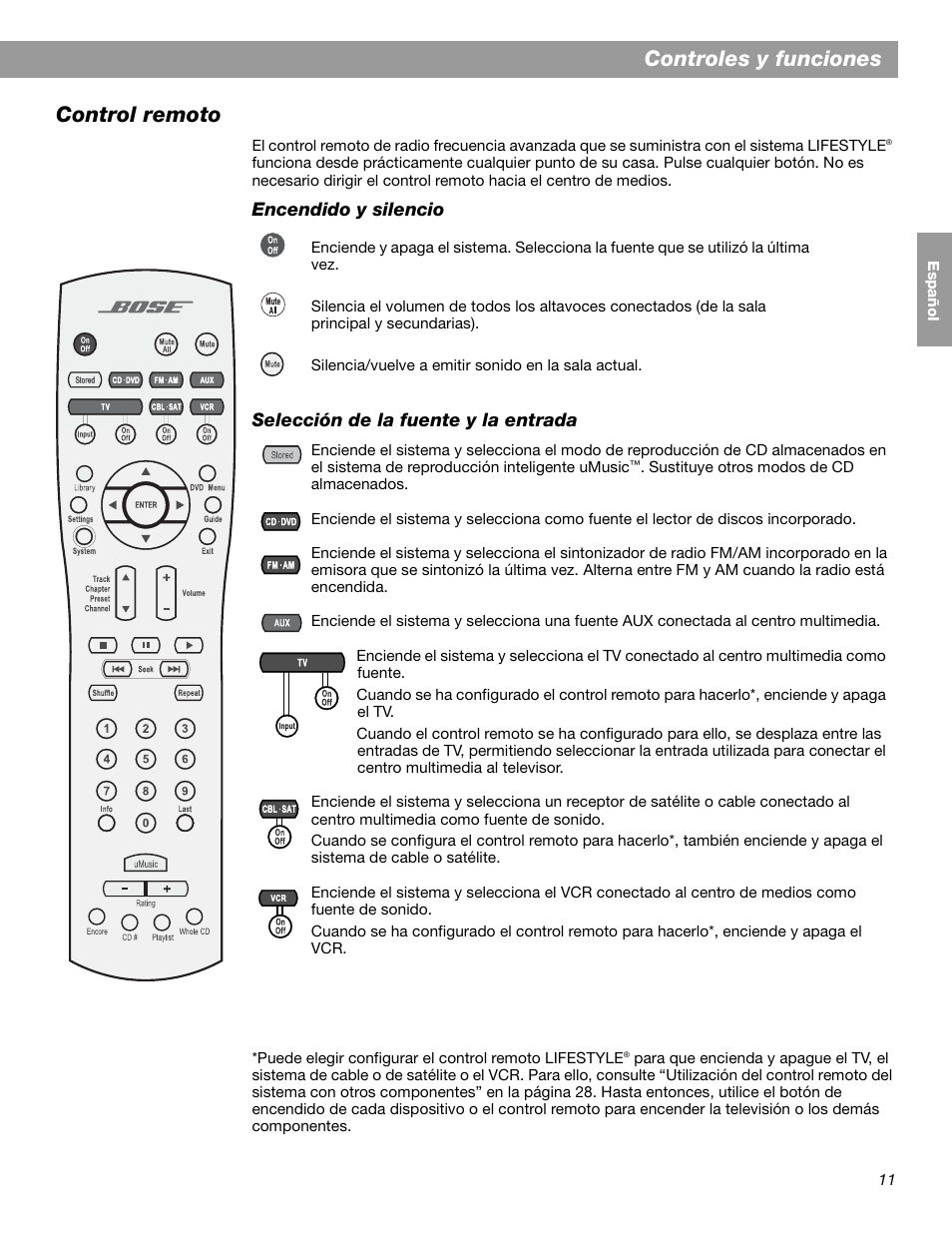Controles y funciones control remoto | Bose LIFESTYLE 38 User Manual | Page 69 / 184