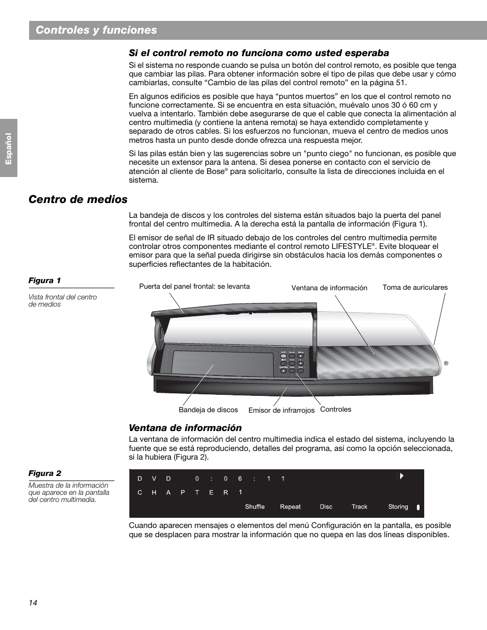 Controles y funciones, Centro de medios | Bose LIFESTYLE 38 User Manual | Page 72 / 184