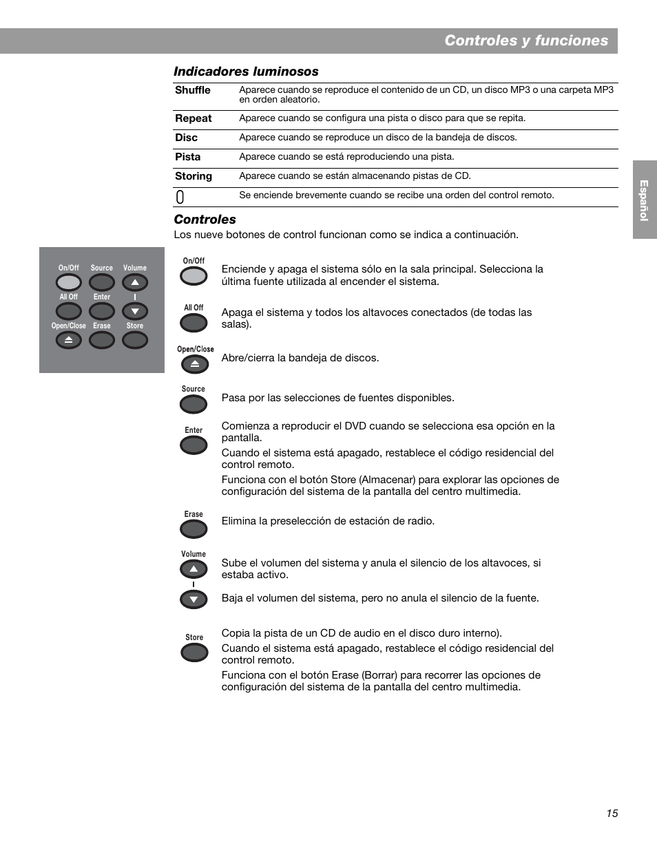 Controles y funciones, Indicadores luminosos controles | Bose LIFESTYLE 38 User Manual | Page 73 / 184