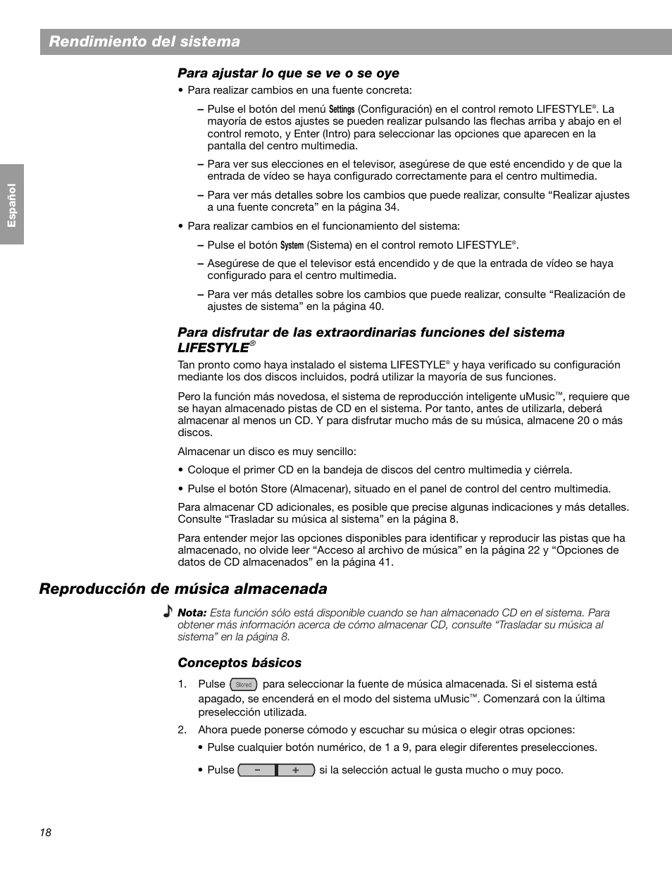 Rendimiento del sistema, Reproducción de música almacenada | Bose LIFESTYLE 38 User Manual | Page 76 / 184