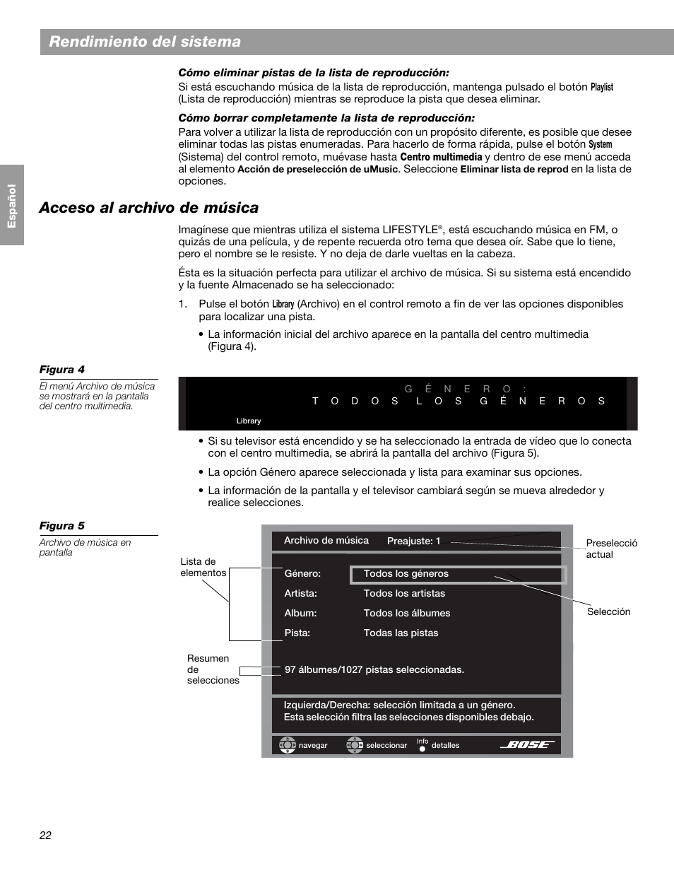 Rendimiento del sistema, Acceso al archivo de música | Bose LIFESTYLE 38 User Manual | Page 80 / 184