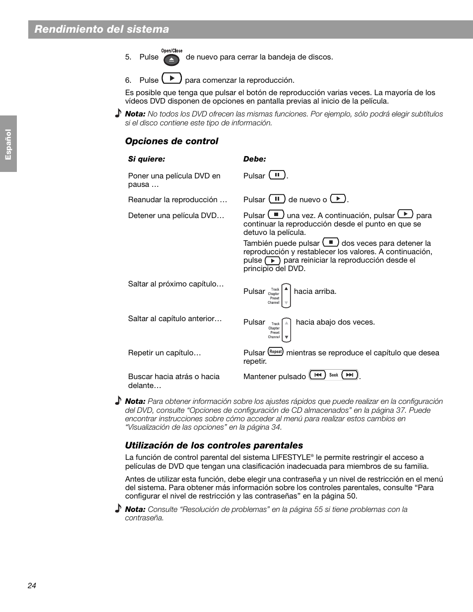 Rendimiento del sistema | Bose LIFESTYLE 38 User Manual | Page 82 / 184