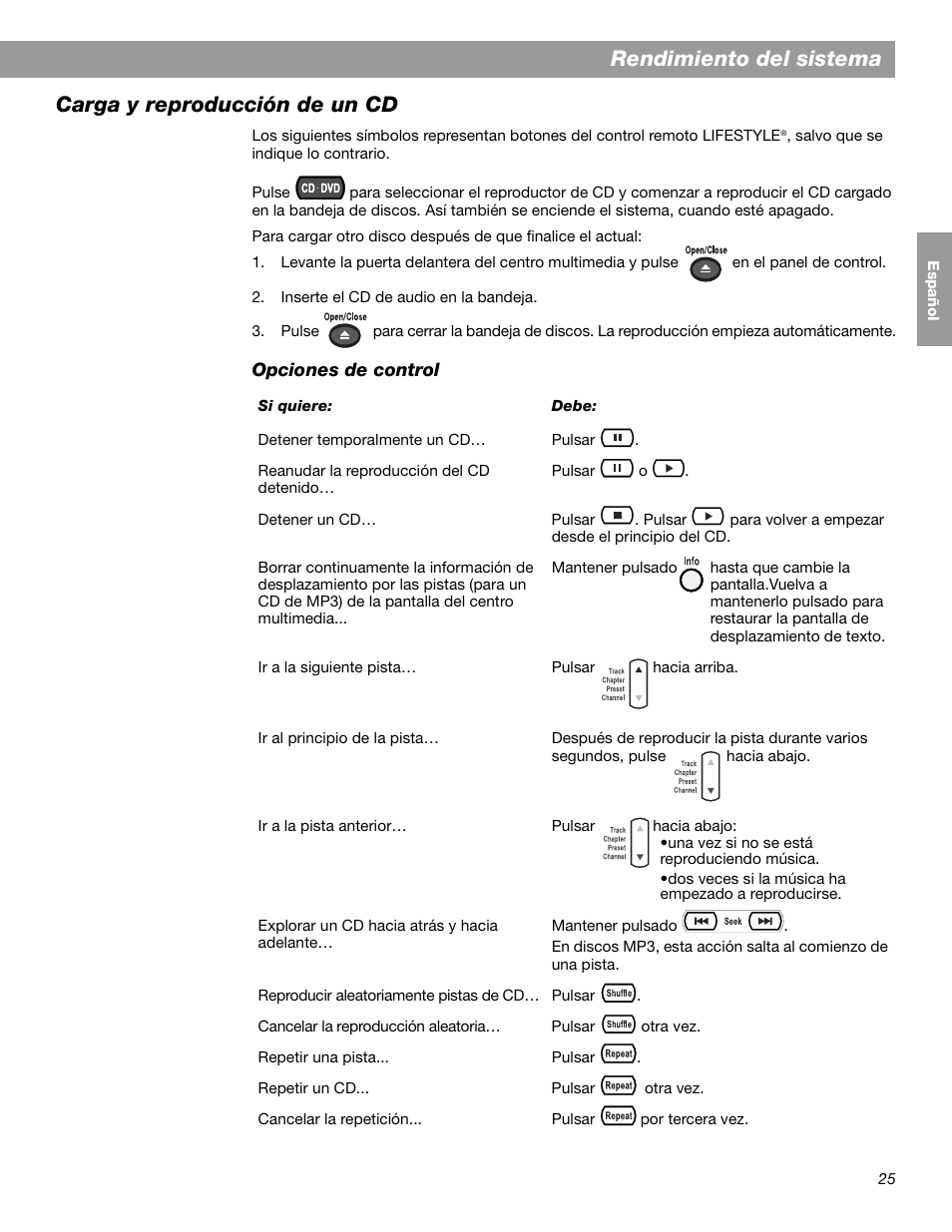 Rendimiento del sistema, Carga y reproducción de un cd | Bose LIFESTYLE 38 User Manual | Page 83 / 184