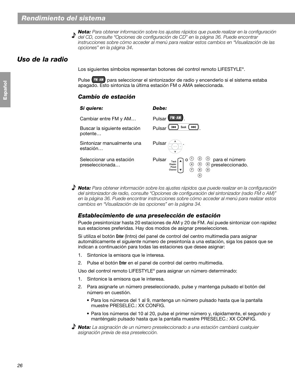 Rendimiento del sistema, Uso de la radio | Bose LIFESTYLE 38 User Manual | Page 84 / 184
