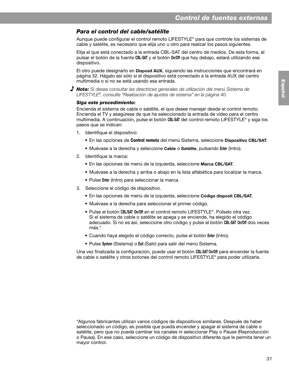 Control de fuentes externas, Para el control del cable/satélite | Bose LIFESTYLE 38 User Manual | Page 89 / 184