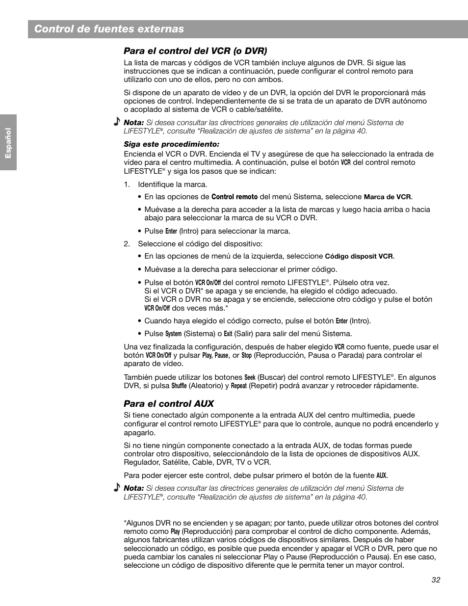 Control de fuentes externas, Para el control del vcr (o dvr), Para el control aux | Bose LIFESTYLE 38 User Manual | Page 90 / 184