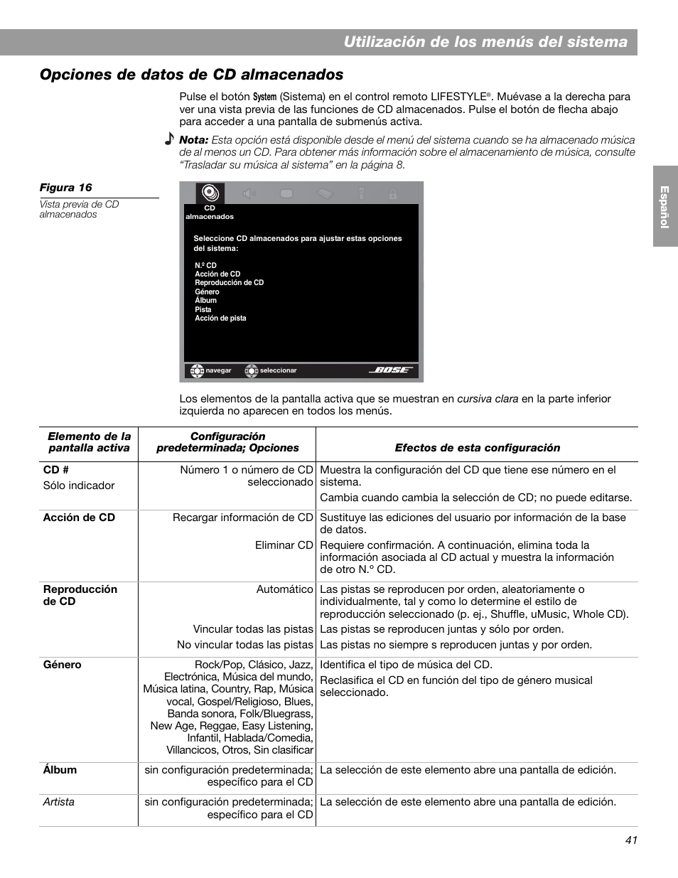 Utilización de los menús del sistema, Opciones de datos de cd almacenados | Bose LIFESTYLE 38 User Manual | Page 99 / 184
