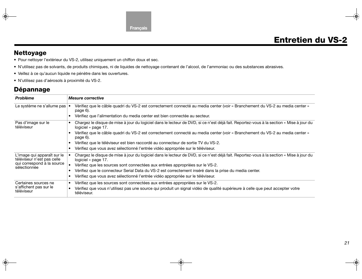 Entretien du vs-2, Nettoyage, Dépannage | Bose Lifestyle AM301726 User Manual | Page 109 / 267