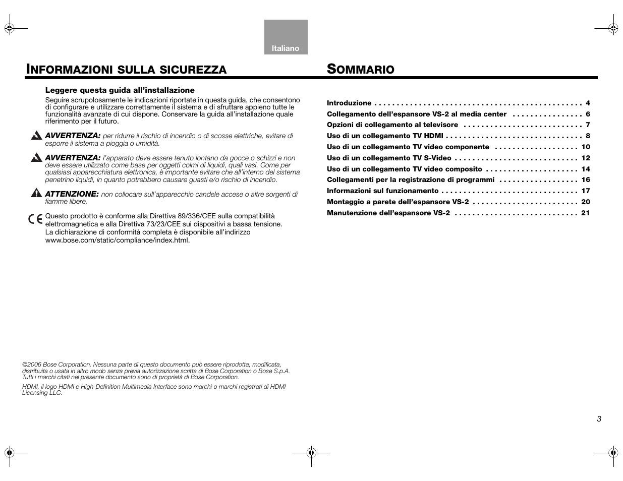 Ommario, Nformazioni, Sulla | Sicurezza | Bose Lifestyle AM301726 User Manual | Page 113 / 267