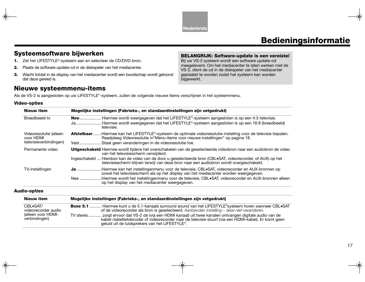 Bedieningsinformatie, Systeemsoftware bijwerken, Nieuwe systeemmenu-items | Bose Lifestyle AM301726 User Manual | Page 149 / 267