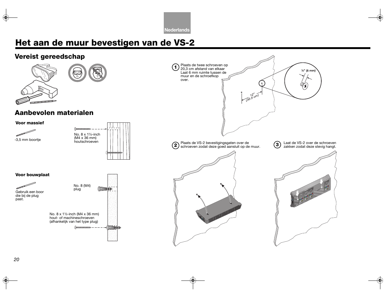 Het aan de muur bevestigen van de vs-2, Vereist gereedschap aanbevolen materialen | Bose Lifestyle AM301726 User Manual | Page 152 / 267