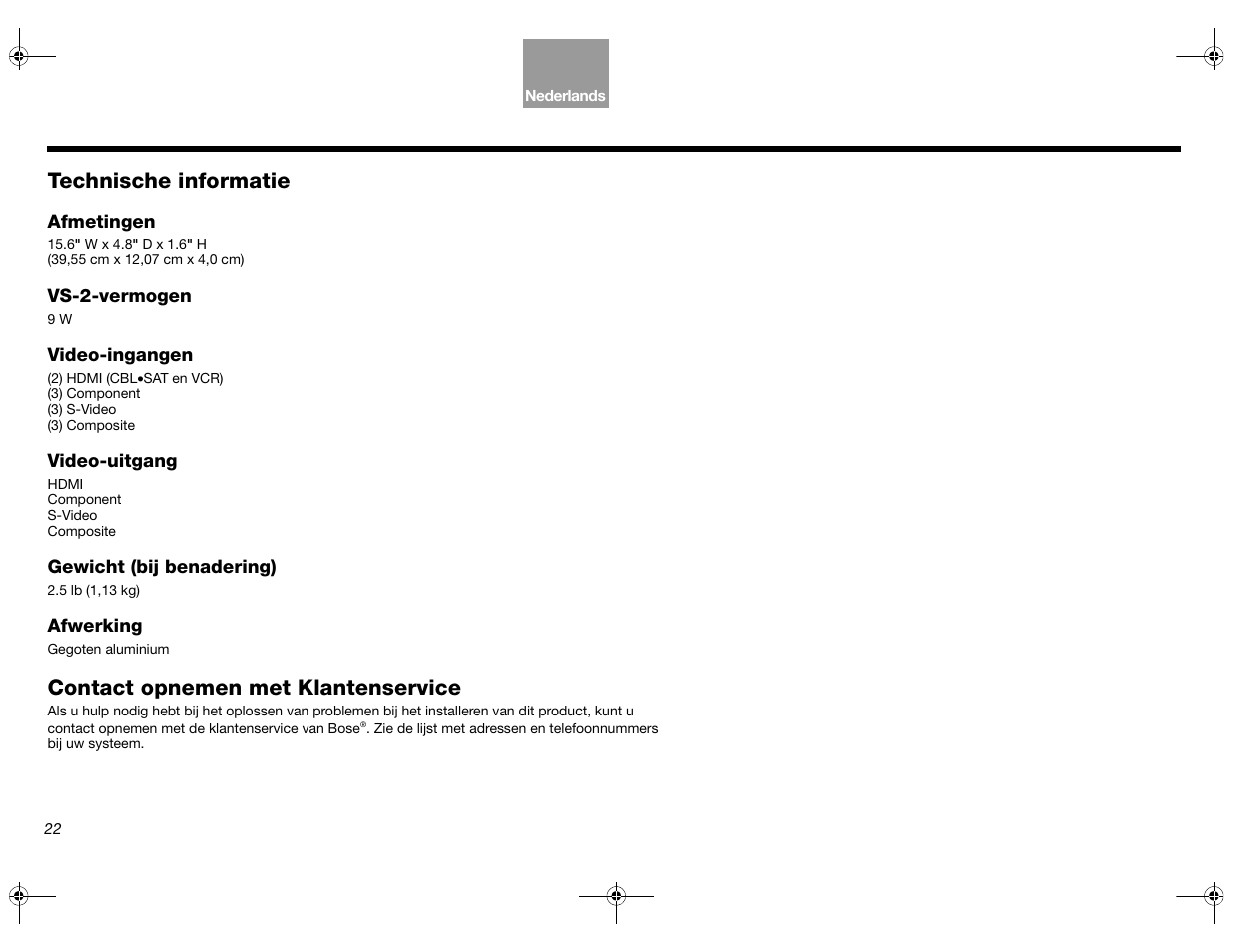 Technische informatie, Contact opnemen met klantenservice | Bose Lifestyle AM301726 User Manual | Page 154 / 267