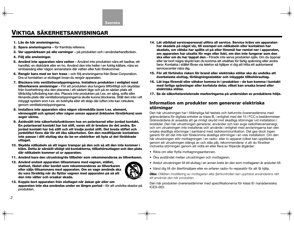 Iktiga, Säkerhetsanvisningar | Bose Lifestyle AM301726 User Manual | Page 156 / 267