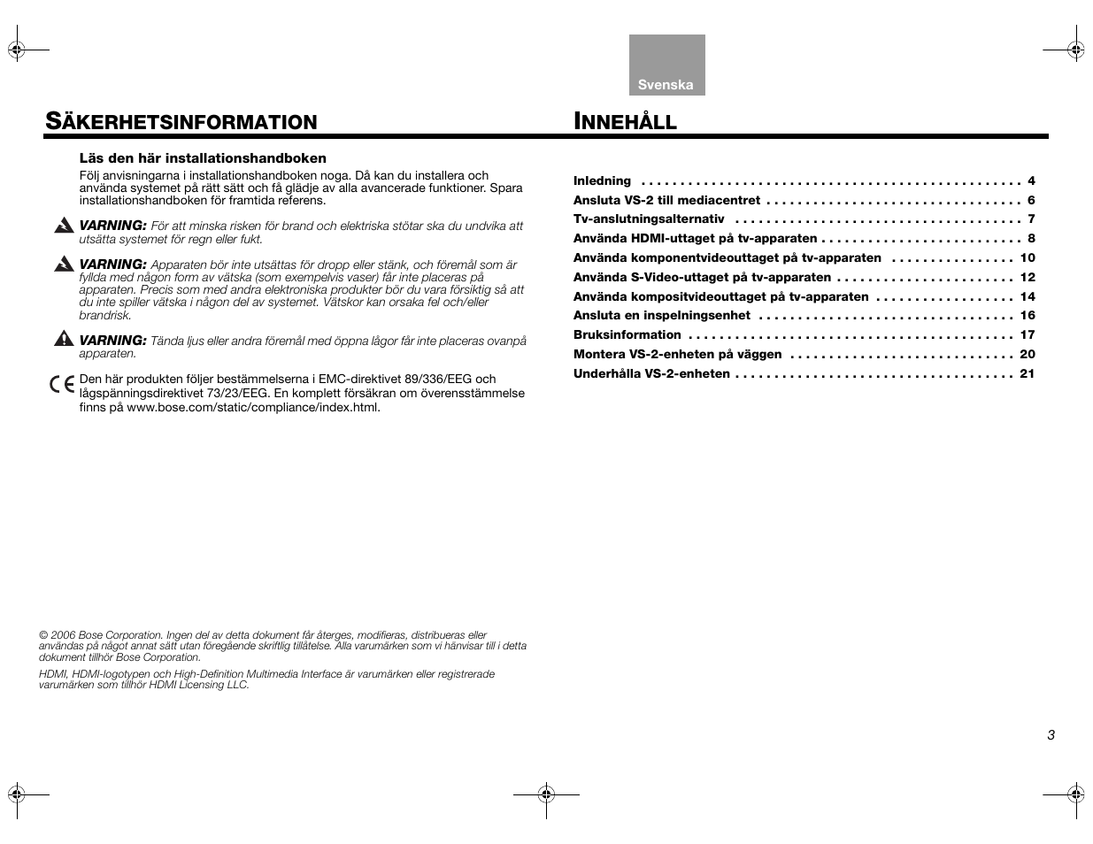 Nnehåll, Äkerhetsinformation | Bose Lifestyle AM301726 User Manual | Page 157 / 267