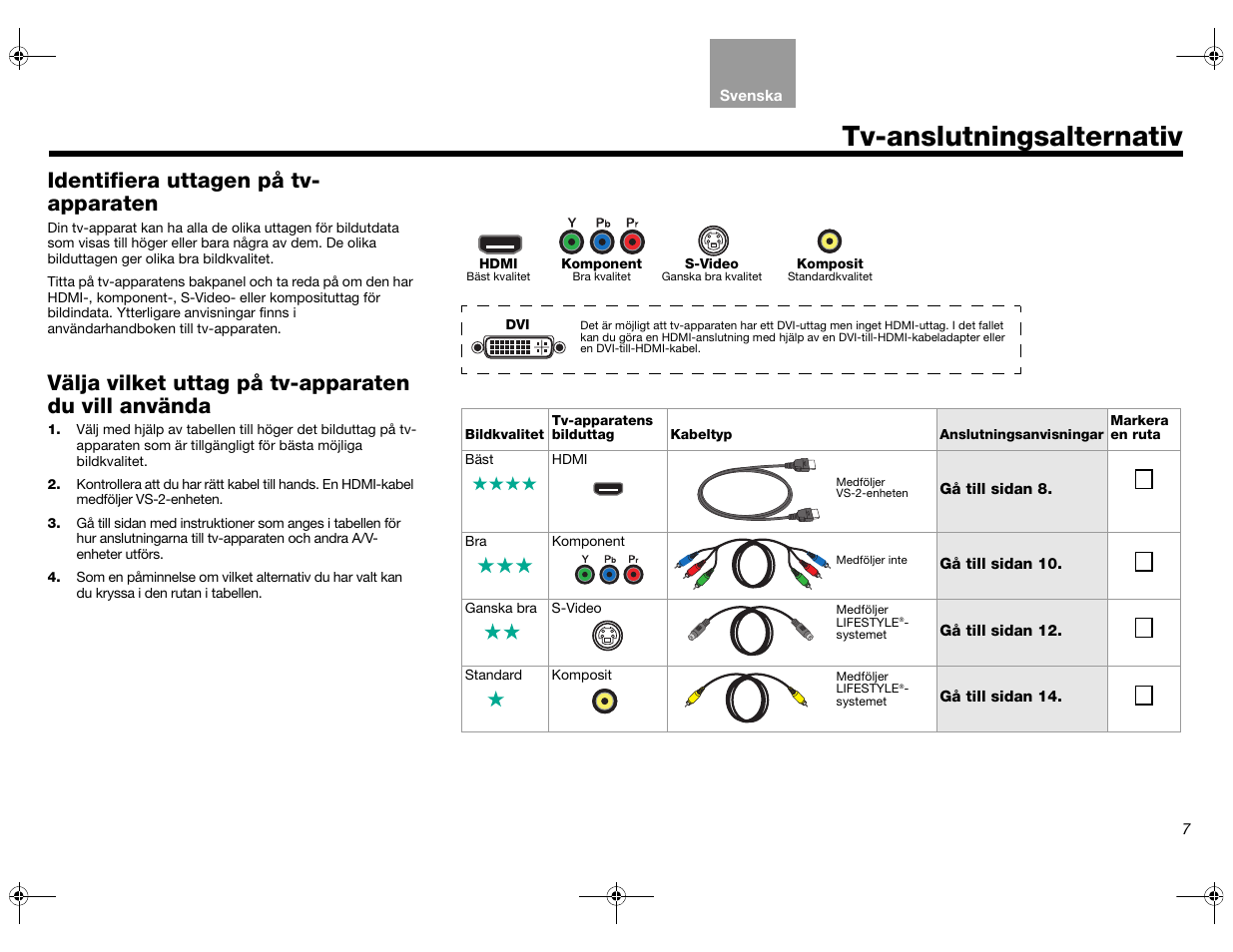 Tv-anslutningsalternativ, Identifiera uttagen på tv- apparaten, Välja vilket uttag på tv-apparaten du vill använda | Bose Lifestyle AM301726 User Manual | Page 161 / 267