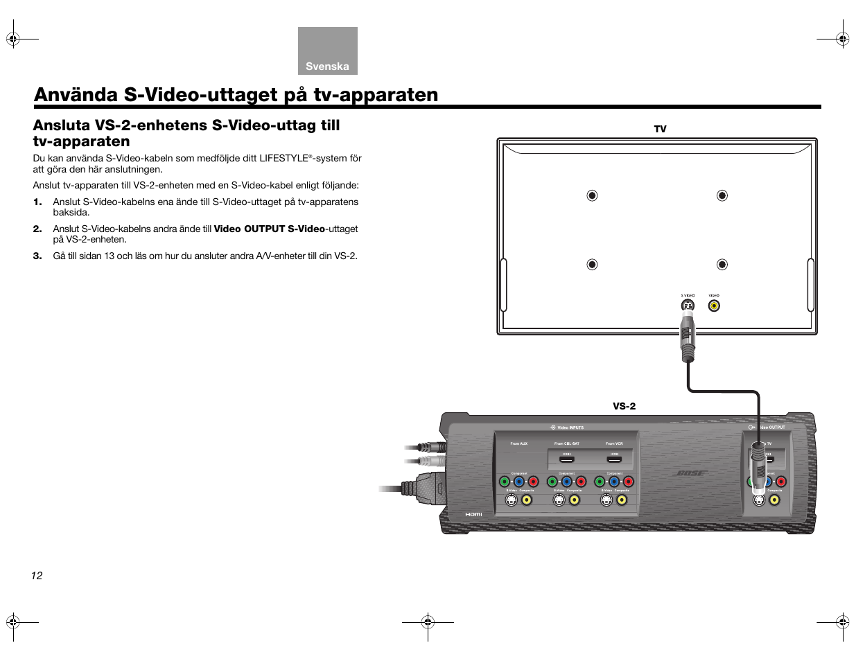 Sidan 12, Använda s-video-uttaget på tv-apparaten | Bose Lifestyle AM301726 User Manual | Page 166 / 267