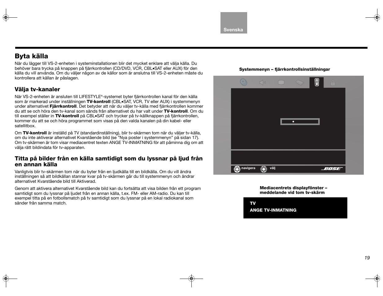 Byta källa, Välja tv-kanaler | Bose Lifestyle AM301726 User Manual | Page 173 / 267