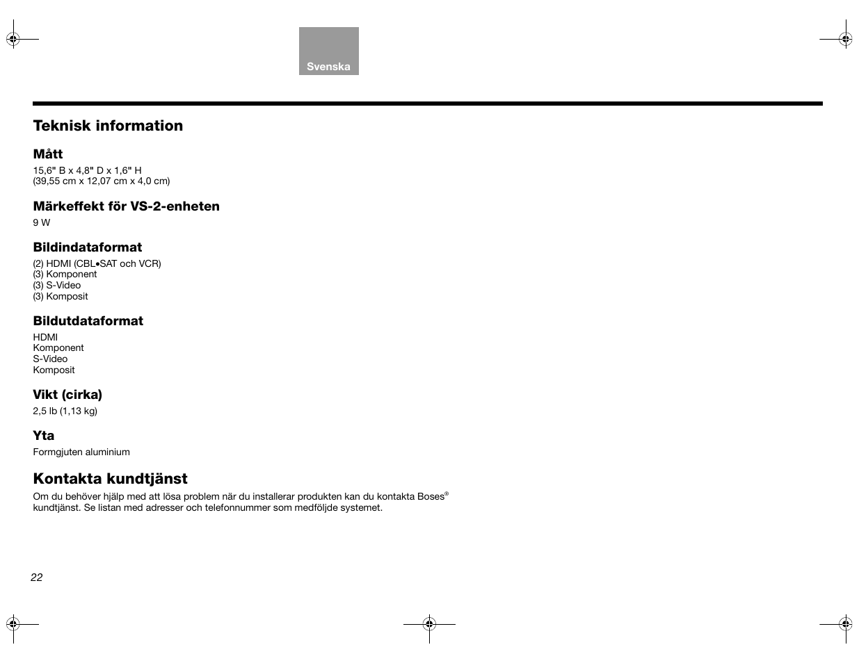Teknisk information, Kontakta kundtjänst | Bose Lifestyle AM301726 User Manual | Page 176 / 267