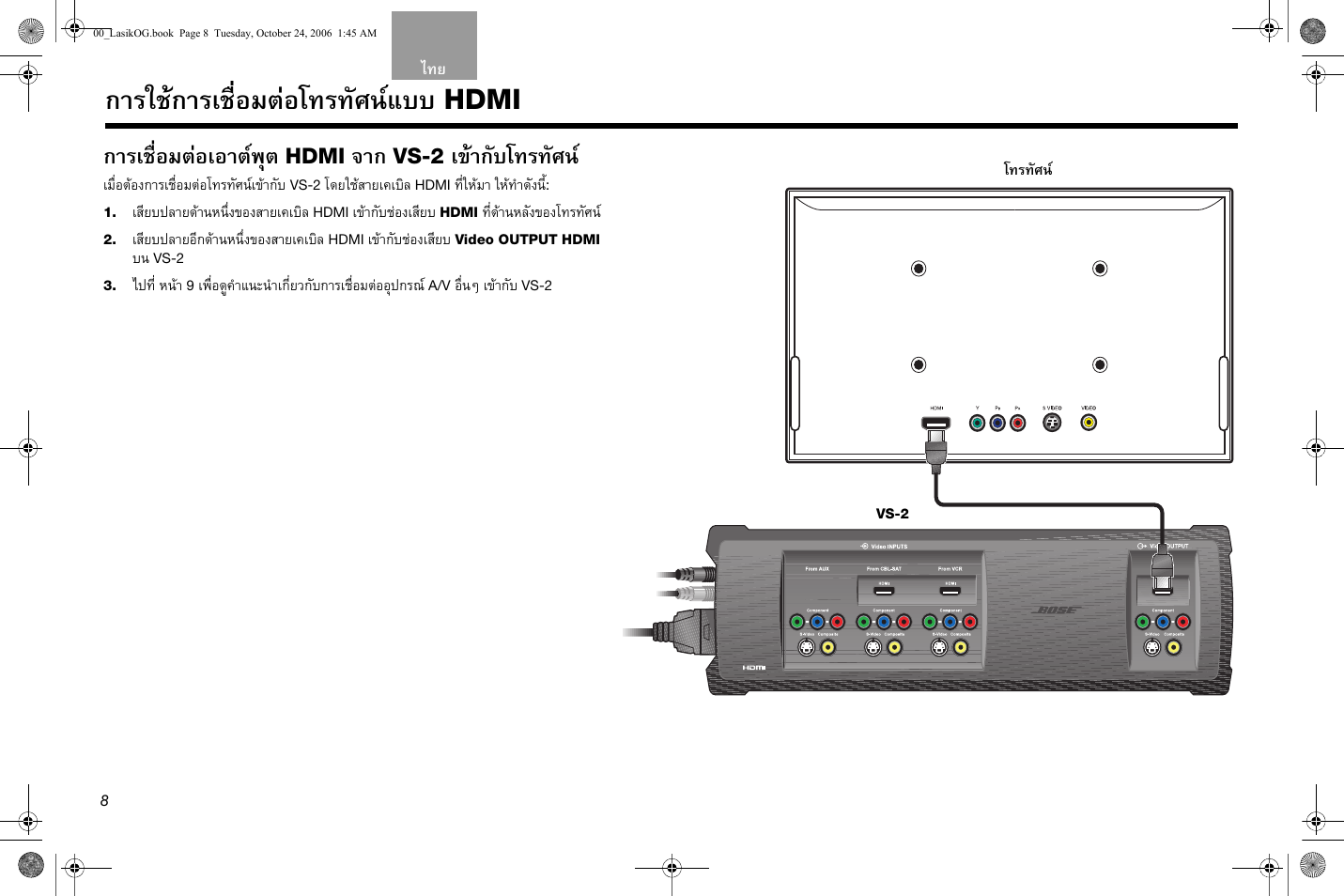 การใชการเชื่อมตอโทรทัศนแบบ, Hdmi การเชื่อมตอเอาตพุต, เขากับโทรทัศน | Bose Lifestyle AM301726 User Manual | Page 184 / 267