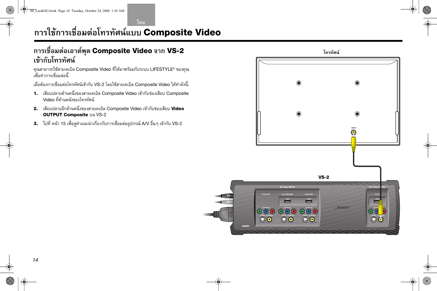 การใชการเชื่อมตอโทรทัศนแบบ, Composite video การเชื่อมตอเอาตพุต, เขากับโทรทัศน | Composite video, Vs-2 | Bose Lifestyle AM301726 User Manual | Page 190 / 267