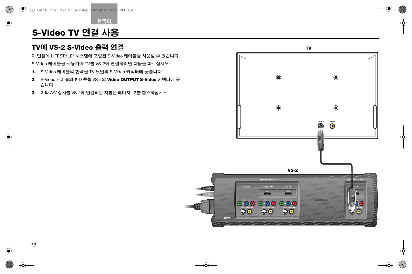 S-video tv 연결 사용, 페이지 12, Tv 에 vs-2 s-video 출력 연결 | Bose Lifestyle AM301726 User Manual | Page 210 / 267