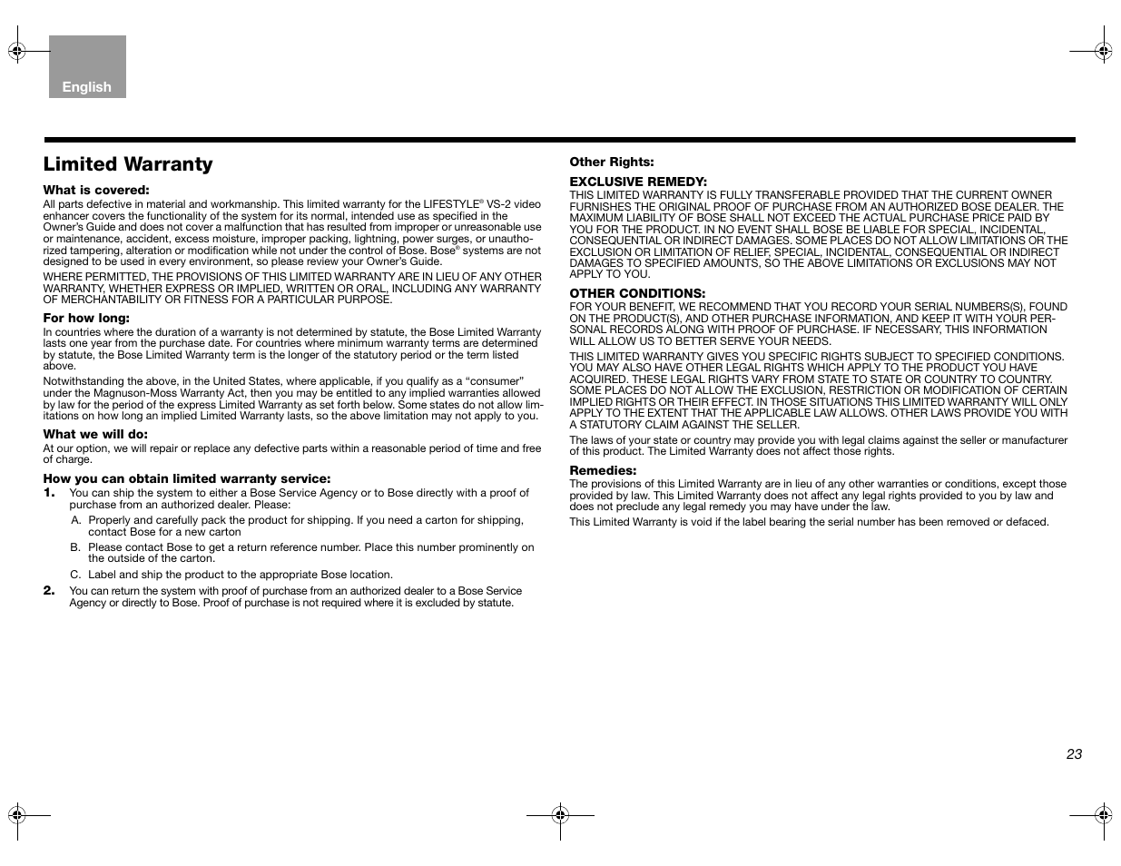 Limited warranty | Bose Lifestyle AM301726 User Manual | Page 23 / 267