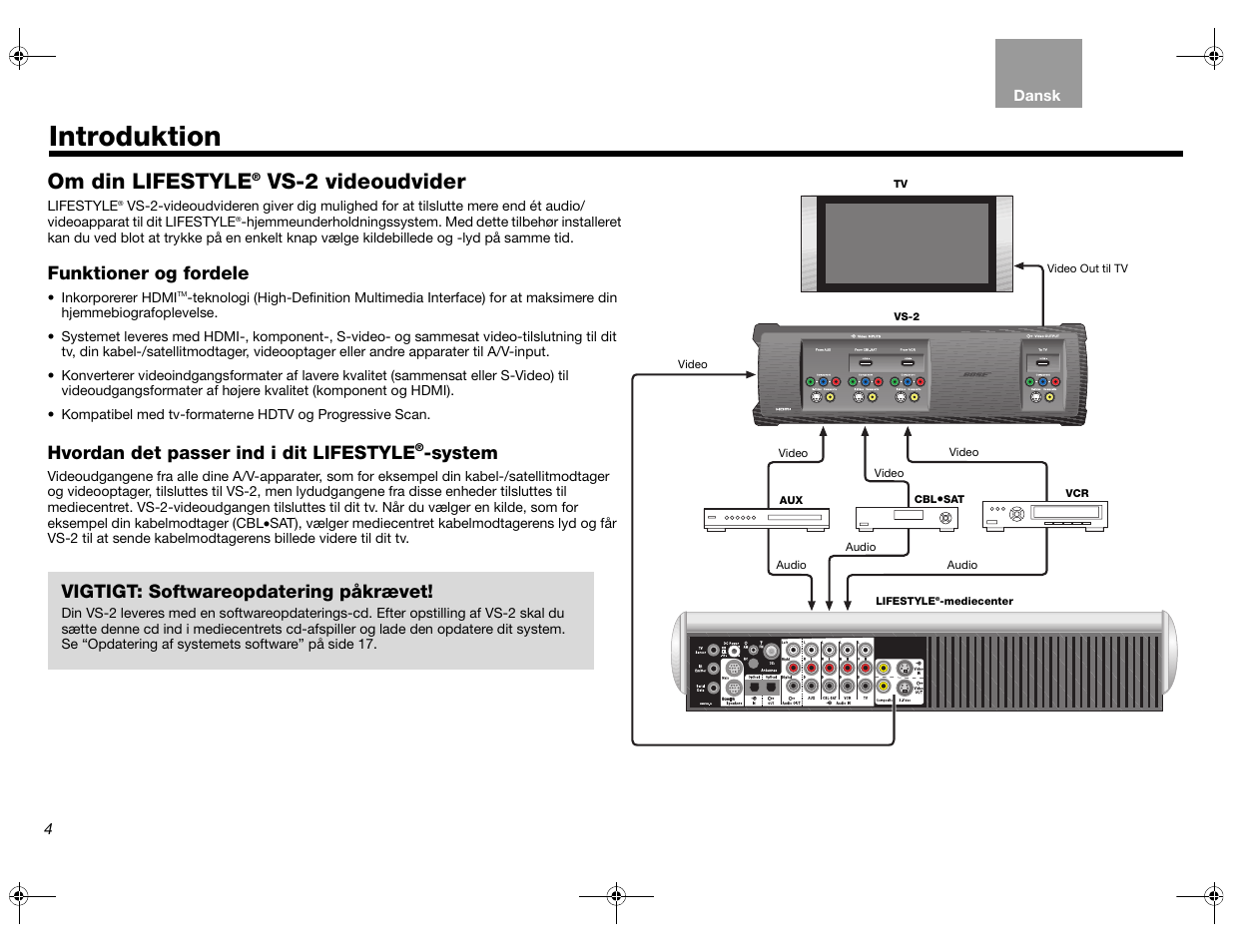 Introduktion, Om din lifestyle, Vs-2 videoudvider | Funktioner og fordele, Hvordan det passer ind i dit lifestyle, System, Vigtigt: softwareopdatering påkrævet | Bose Lifestyle AM301726 User Manual | Page 26 / 267