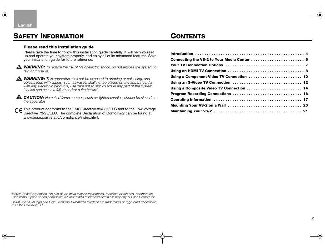 Ontents, Afety, Nformation | Bose Lifestyle AM301726 User Manual | Page 3 / 267