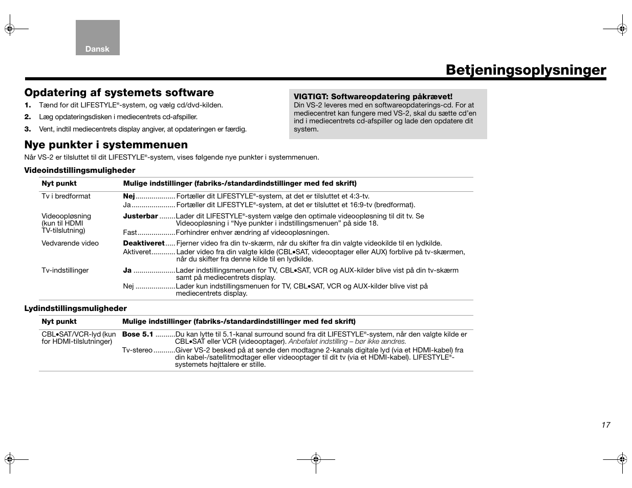 Betjeningsoplysninger, Opdatering af systemets software, Nye punkter i systemmenuen | Bose Lifestyle AM301726 User Manual | Page 39 / 267