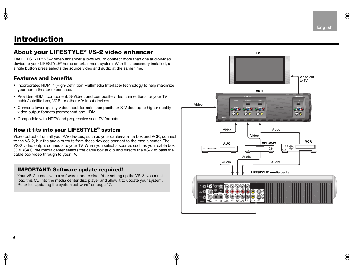 Features and benefits, How it fits into your lifestyle® system, Introduction | About your lifestyle, Vs-2 video enhancer, How it fits into your lifestyle, System, Important: software update required | Bose Lifestyle AM301726 User Manual | Page 4 / 267