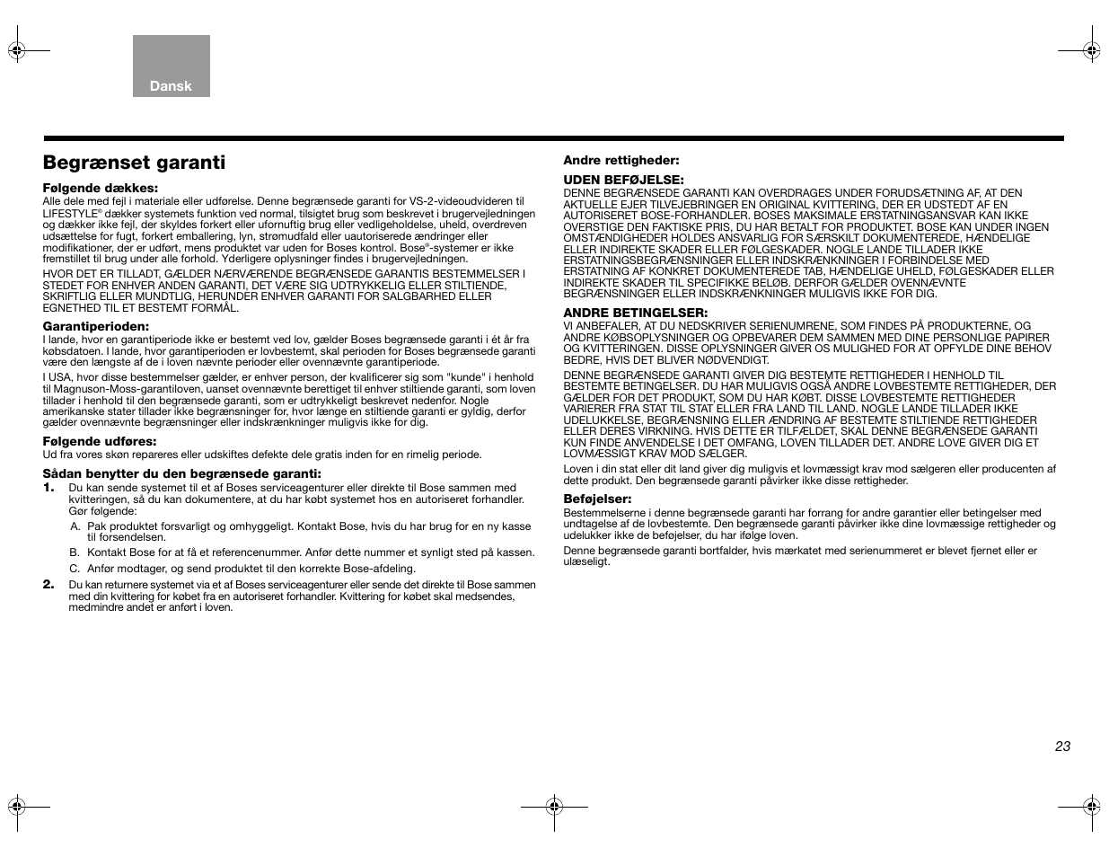 Begrænset garanti | Bose Lifestyle AM301726 User Manual | Page 45 / 267