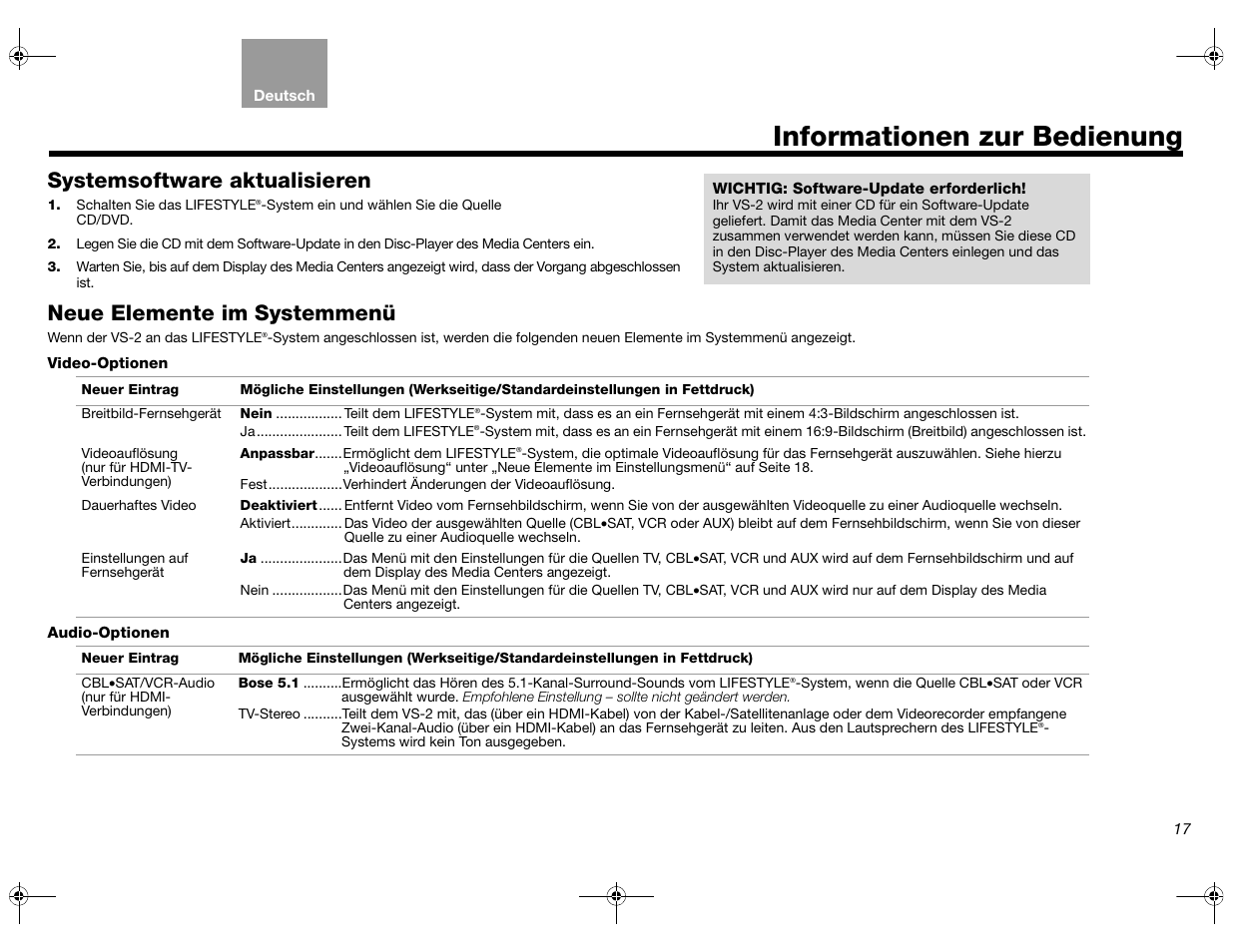 Informationen zur bedienung, Systemsoftware aktualisieren, Neue elemente im systemmenü | Bose Lifestyle AM301726 User Manual | Page 61 / 267