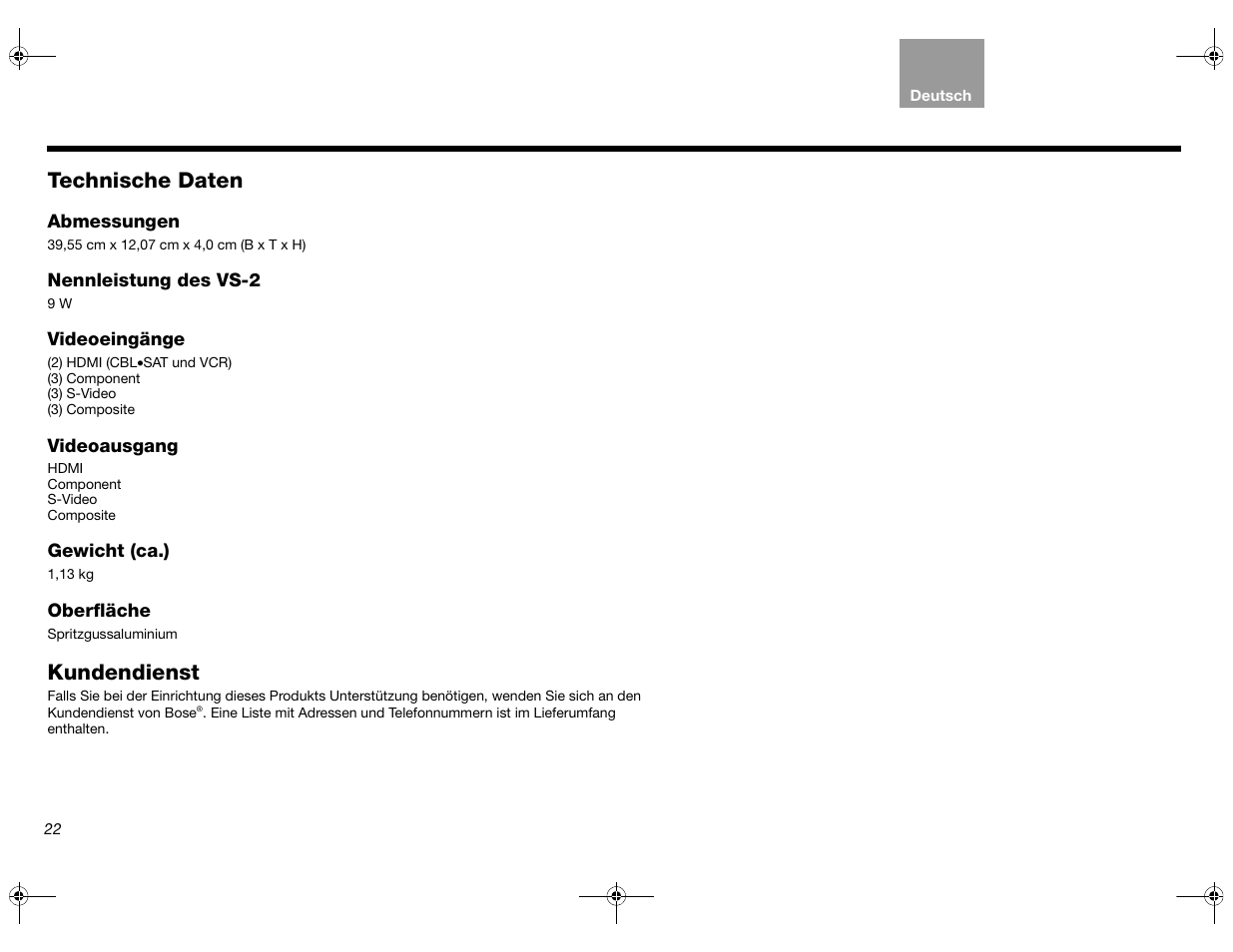 Technische daten, Kundendienst | Bose Lifestyle AM301726 User Manual | Page 66 / 267