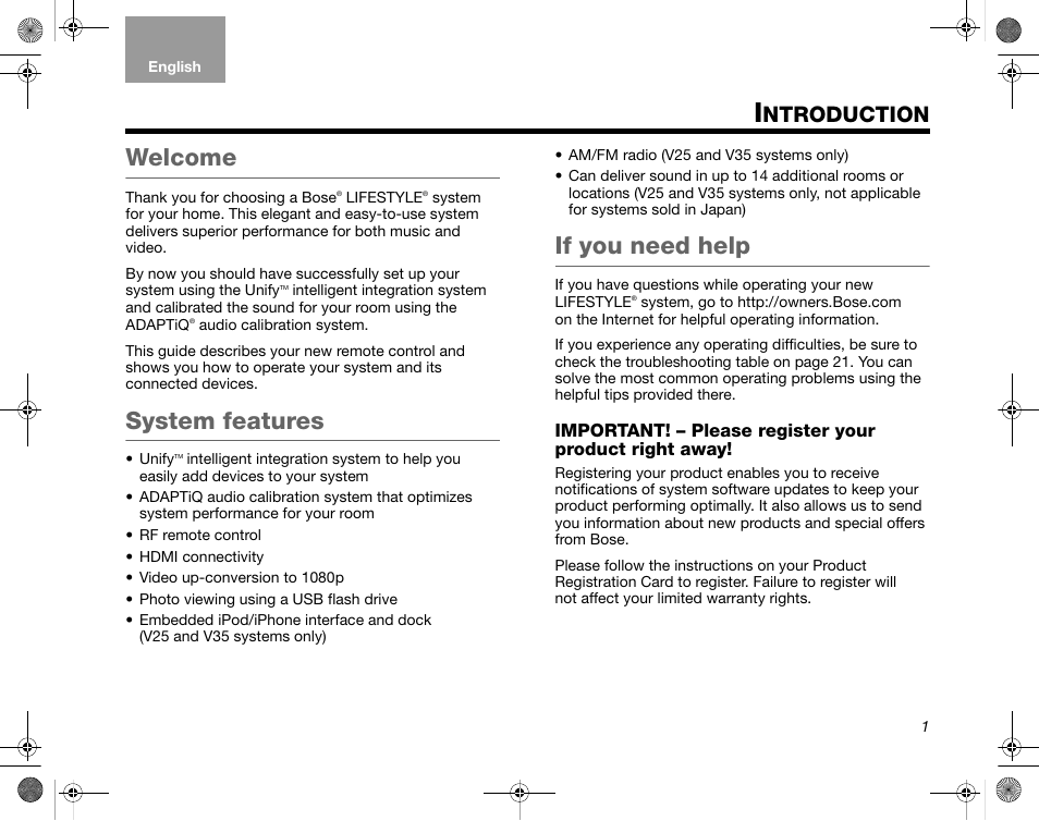 Ntroduction, Welcome, System features | If you need help | Bose LIFESTYLE T20 User Manual | Page 7 / 32