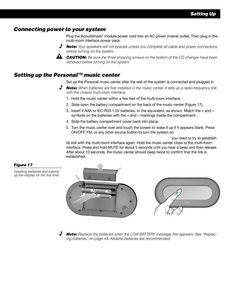 Connecting power to your system, Setting up the personal™ music center | Bose 50 User Manual | Page 19 / 55