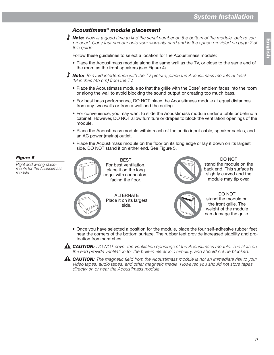 Acoustimass® module placement, Acoustimass, System installation | Bose 18 User Manual | Page 9 / 28