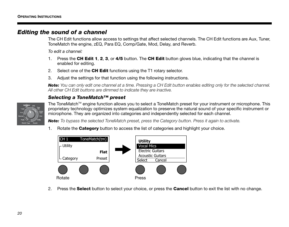 Editing the sound of a channel, Selecting a tonematch™ preset, Selecting a tonematch | Bose T1 User Manual | Page 28 / 62