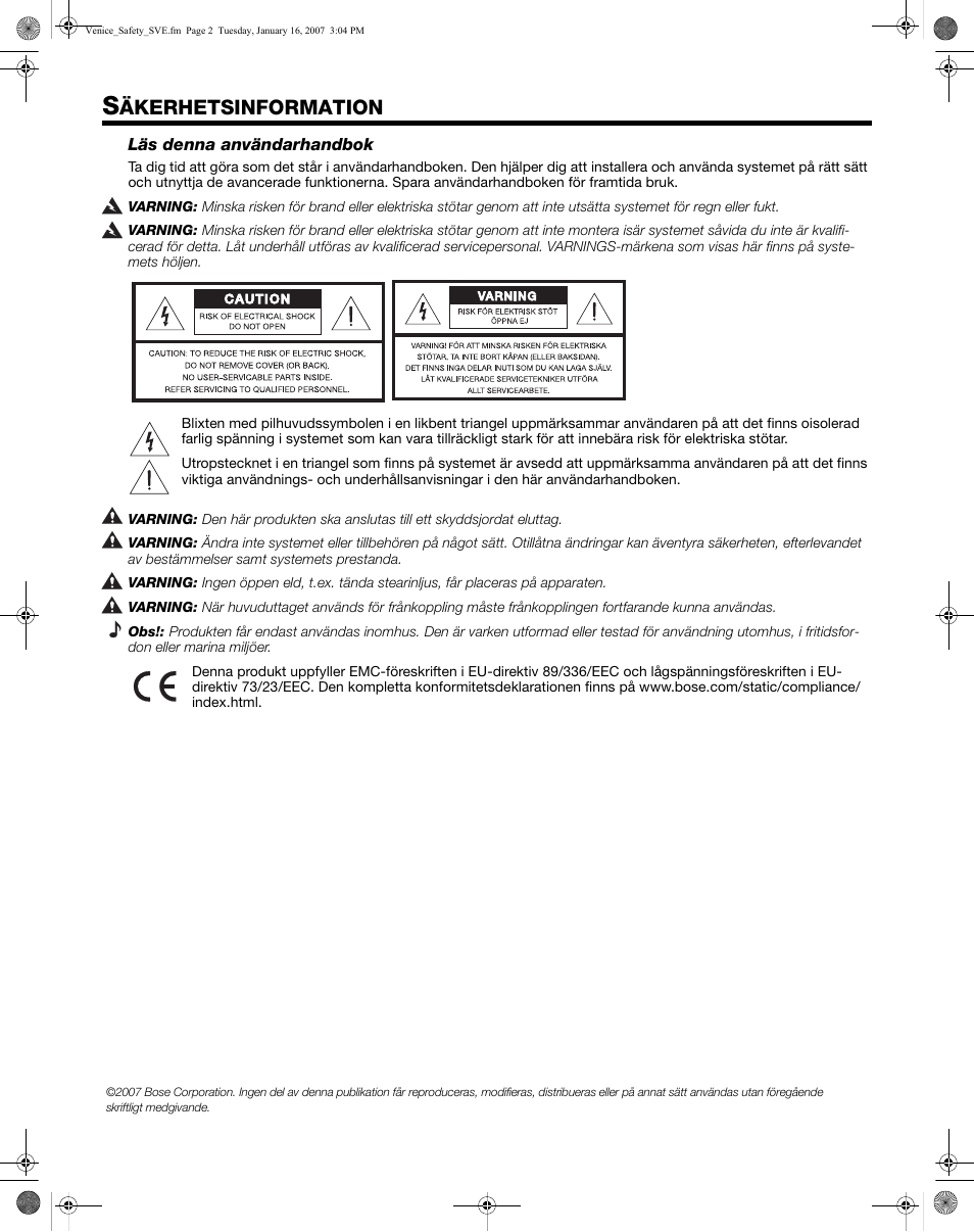 Äkerhetsinformation | Bose L1 Model II User Manual | Page 10 / 32
