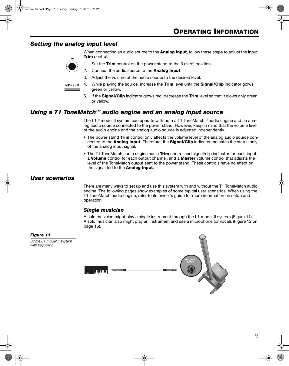 Perating, Nformation, Setting the analog input level | Using a t1 tonematch, User scenarios, Single musician, Audio engine and an analog input source | Bose L1 Model II User Manual | Page 23 / 32