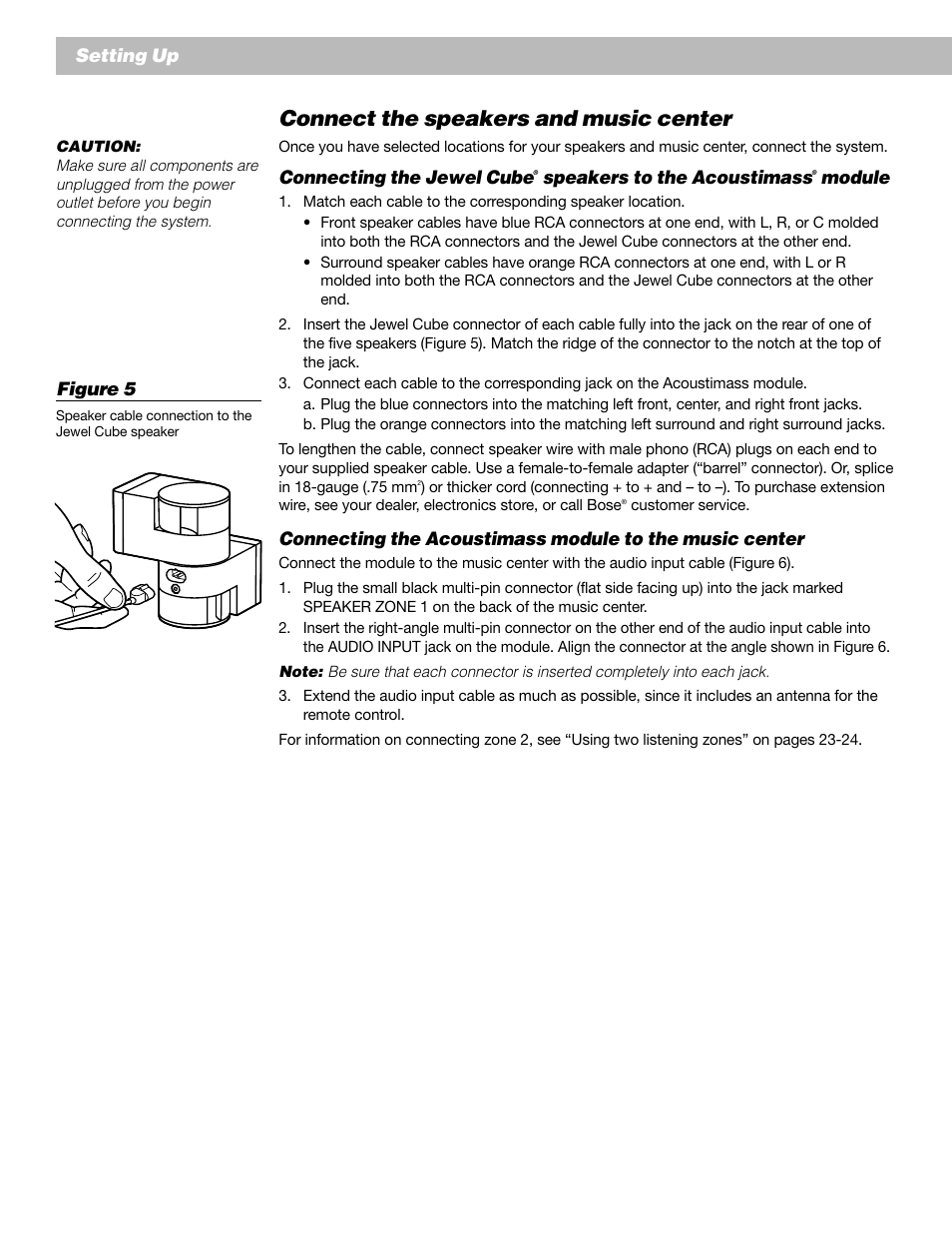 Connect the speakers and music center, Setting up, Connecting the jewel cube | Speakers to the acoustimass, Module, Figure 5 | Bose AM193147_03_V. User Manual | Page 10 / 34