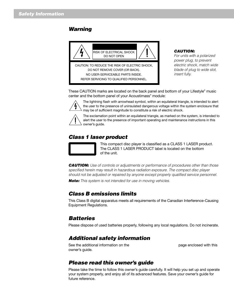 Warning, Class 1 laser product, Class b emissions limits | Batteries, Additional safety information, Please read this owner’s guide, Caution, Safety information | Bose AM193147_03_V. User Manual | Page 2 / 34