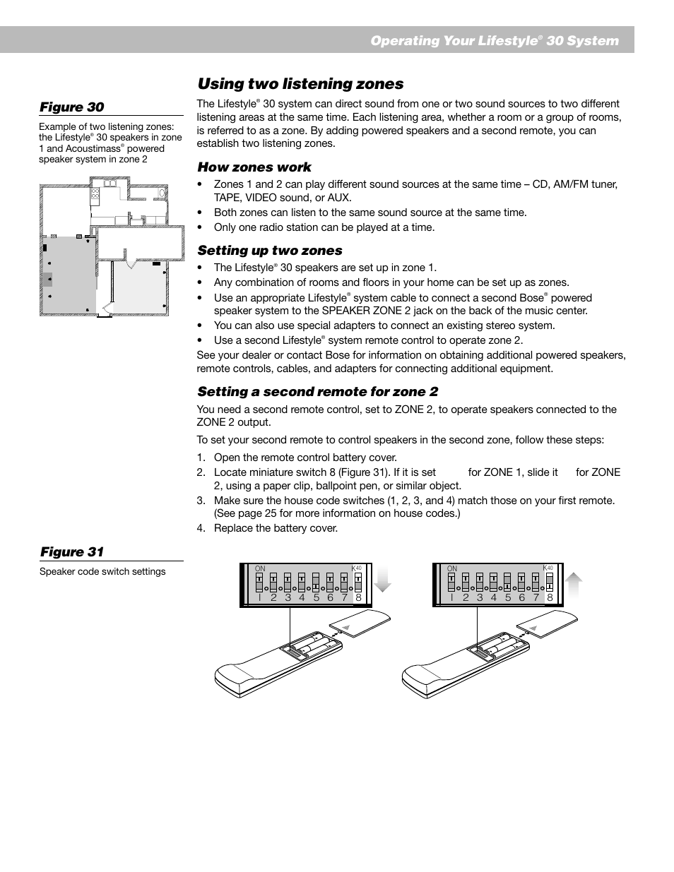 Using two listening zones, Operating your lifestyle, 30 system | How zones work, Setting up two zones, Setting a second remote for zone 2, Figure 30, Figure 31 | Bose AM193147_03_V. User Manual | Page 25 / 34